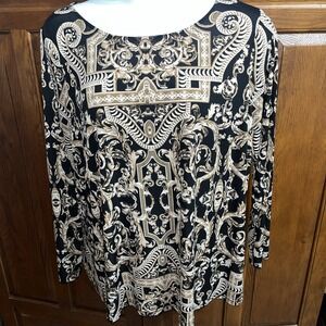 QVC‎ Bob Mackie Wearable Art 2X Baroque  Pattern Top Tunic Brown Black White